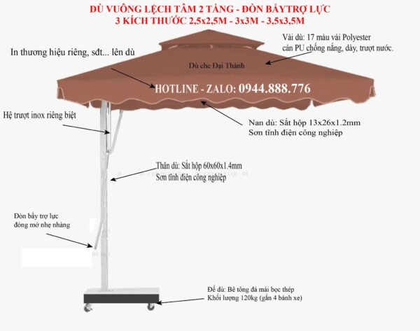Dù vuông lệch tâm 2 tầng che ngoài trời 3 đường kính PV-DVLT2T