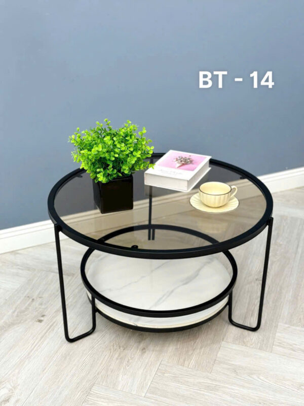 Bàn sofa tròn 2 tầng mặt kính khung sắt VN-AKBT14
