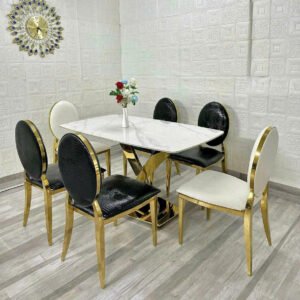 BỘ BÀN ĂN 6 GHẾ MẶT ĐÁ CERAMIC CHÂN INOX MẠ VÀNG CAO CẤP VN415