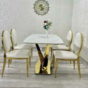 BỘ BÀN ĂN 4 GHẾ MẶT ĐÁ CERAMIC CHÂN INOX MẠ VÀNG CAO CẤP VN315