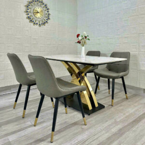 BỘ BÀN ĂN 4 GHẾ MẶT ĐÁ CERAMIC CHÂN INOX MẠ VÀNG CAO CẤP VN2075