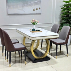 BỘ BÀN ĂN 4 GHẾ MẶT ĐÁ CERAMIC CHÂN INOX MẠ VÀNG CAO CẤP VN3075