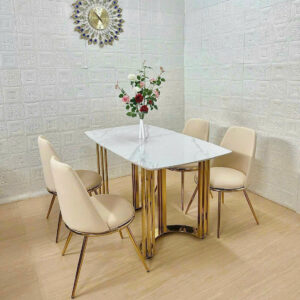 BỘ BÀN ĂN 4 GHẾ MẶT ĐÁ CERAMIC CHÂN INOX MẠ VÀNG CAO CẤP VN515