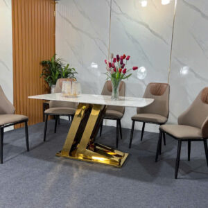 BỘ BÀN ĂN 4 GHẾ MẶT ĐÁ CHÂN INOX MẠ VÀNG CAO CẤP VN-AH2975