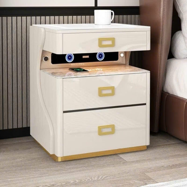 Tủ Đầu Giường Cao Cấp Mặt Đá Có Két Sắt, Khóa Vân Tay - Mật mã+ Loa bluetooth + Sạc Không Dây ​VN-TAB05