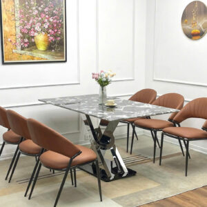 BỘ BÀN ĂN 6 GHẾ MẶT ĐÁ BẠCH NGỌC CHÂN INOX TITAN NHẬP KHẨU CAO CẤP VN-AK1965