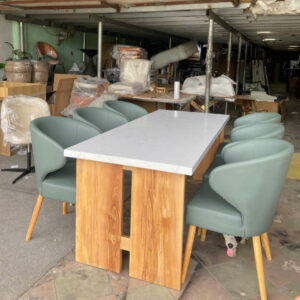 Bàn Ăn Chữ Nhật Mặt Đá Kèm 6 Ghế Da Chân Gỗ GB568