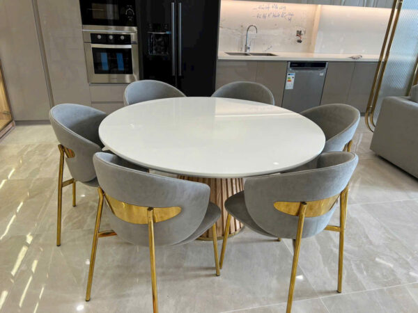 Bộ Bàn Ăn Tròn 6 Ghế Nhung Chân Vàng Cao Cấp BG4758