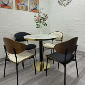 Bộ Bàn Ăn Tròn Mặt Đá 4 Ghế Lưng Gỗ Cong Phối Màu Trắng Đen bg-585