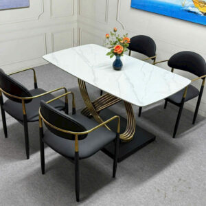 Bộ Bàn Ăn Mặt Đá Chữ Nhật 4 Ghế Tay Vịn Chân Mạ Vàng bg-364
