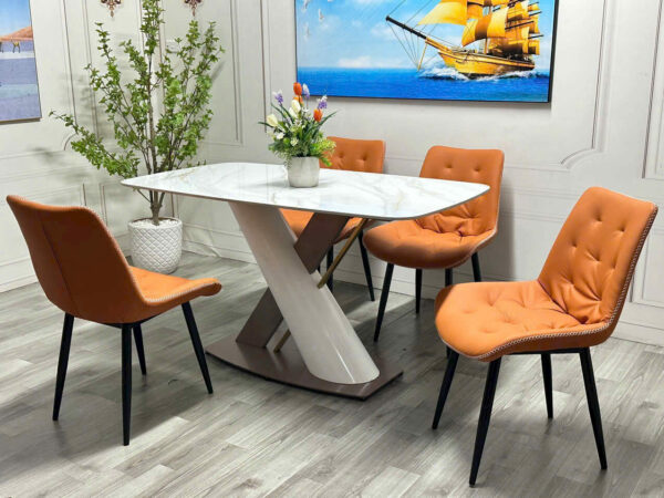 Bộ Bàn Ăn Mặt Đá Chữ Nhật 4 Ghế Chân Chéo Hiện Đại bg541