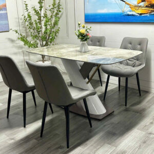 Alternative view of Bộ Bàn Ăn Mặt Đá Chữ Nhật 4 Ghế Chân Chéo Hiện Đại bg541