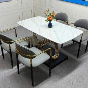 Alternative view of Bộ Bàn Ăn Mặt Đá Chữ Nhật 4 Ghế Tay Vịn Chân Mạ Vàng bg-364