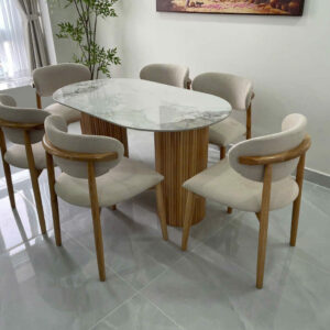 Bộ Bàn Ăn 6 Ghế Mặt Đá Phiến Trắng Vân Mây Chân Gỗ Trụ Sọc Cao Cấp bg-3547