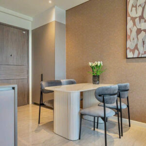 Alternative view of Bàn Ăn Mặt Đá Bo Cong Chân Sóng Kèm 4 Ghế Bọc Nỉ – bg54750