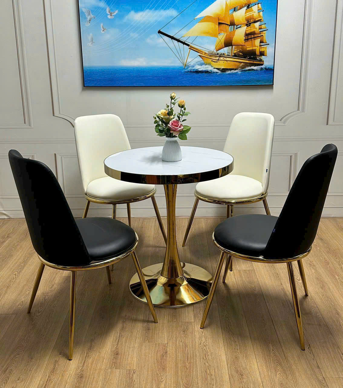 Bộ Bàn Ăn Tròn Mặt Đá 4 Ghế Phối Màu Hiện Đại VN-BA597 3 Bộ Bàn Ăn Tròn Mặt Đá 4 Ghế Phối Màu Hiện Đại VN-BA597