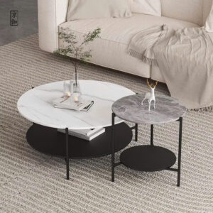 Bàn trà khung sắt mặt đá cao cấp – bàn sofa cặp mặt tròn PV-BT280AC